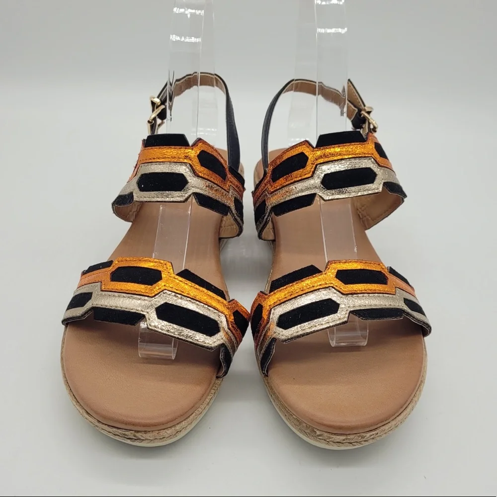 NWOB Extreme by Eddie Marc Metallic Wedge Espadrille Sandals Size 7